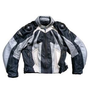 Teknic Violator Motorcycle Jacket Sz S/M Leather Silver Black White Sliders